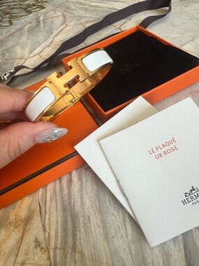 Hermes Rose Gold and White Enamel Clic H Bracelet Size TGM